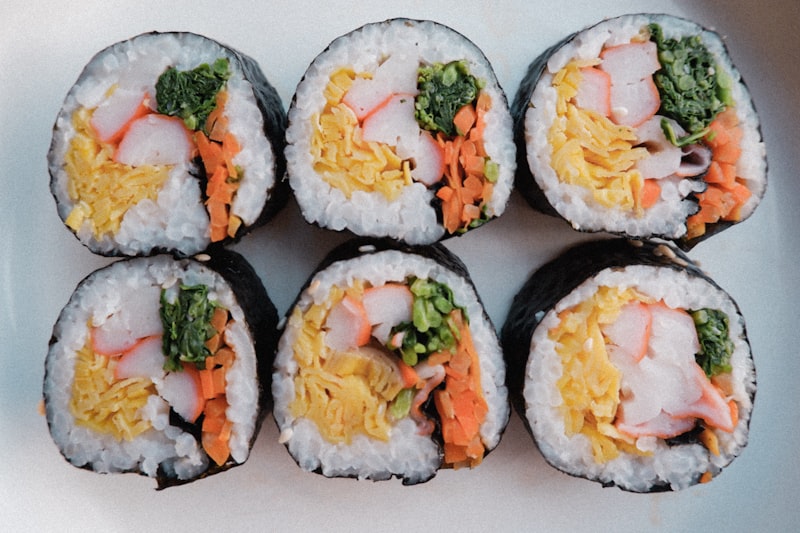 Spicy crabmeat kimbap top-down