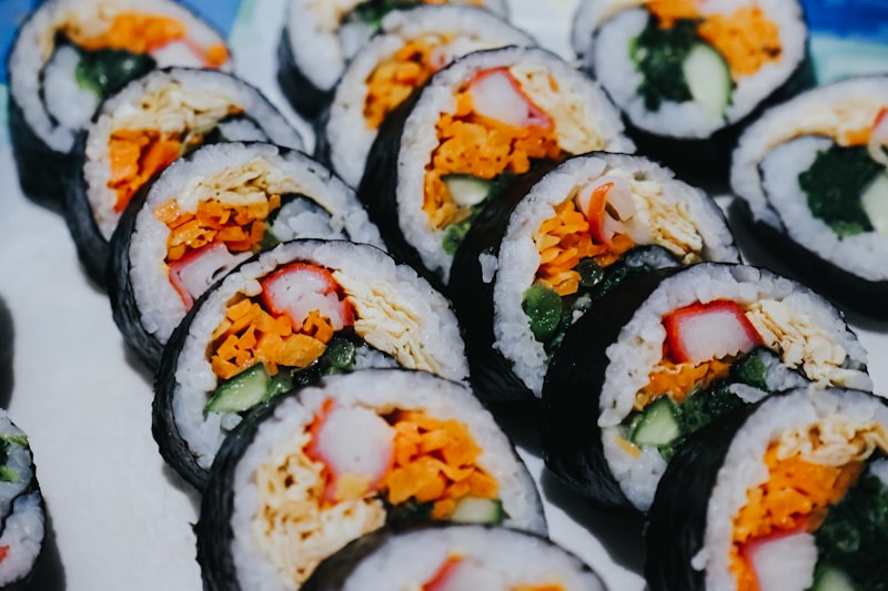 Sausage and kimchi kimbap close-up